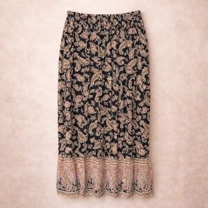 Boho Paisley Maxi Skirt Elastic Waist Black Floral Festival Style M/L